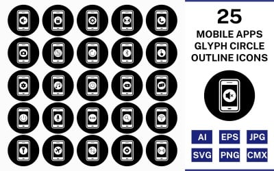 Ensemble d&amp;#39;icônes inversé 25 applications mobiles Glyph Outline Circle