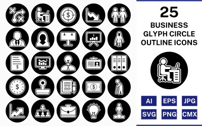 Ensemble d&amp;#39;icônes inversé 25 Business Glyph Outline Circle