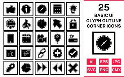25 Grundlegendes ui Glyph Outline Square Corner Icon Set