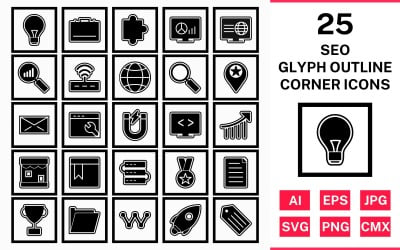 Jeu d&amp;#39;icônes de coin carré 25 Seo Glyph Outline