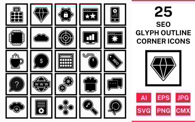 Jeu d&amp;#39;icônes de coin carré 25 Seo Glyph Outline