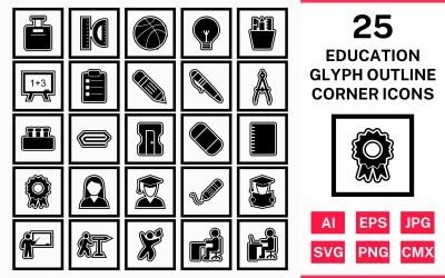 25 Jeu d&amp;#39;icônes de coin carré contour de glyphe d&amp;#39;éducation