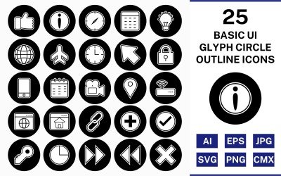 25 Jeu d&amp;#39;icônes de coin carré de contour de glyphe de l&amp;#39;interface utilisateur