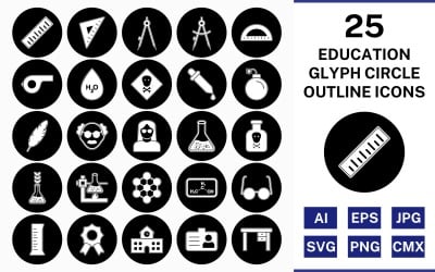 25 Jeu d&amp;#39;icônes inversé cercle contour glyphe éducation