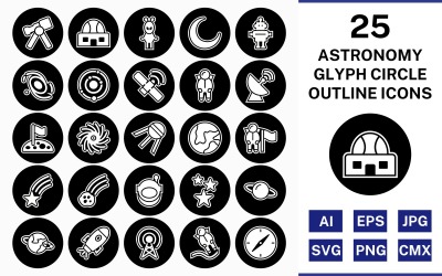 25 Jeu d&amp;#39;icônes inversé de cercle de contour de glyphe d&amp;#39;astronomie