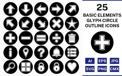 Jeu d&amp;#39;icônes inversé de cercle de contour de glyphe de 25 éléments de base