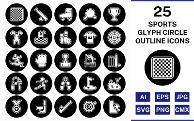 Jeu d&amp;#39;icônes inversé de cercle de contour de glyphe de 25 sports et jeux