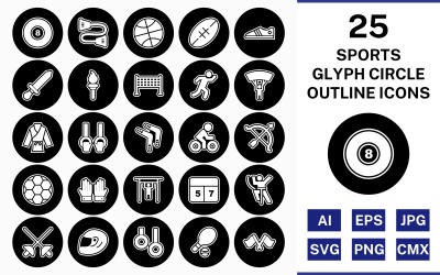 Jeu d&amp;#39;icônes inversé de cercle de contour de glyphe de 25 sports et jeux