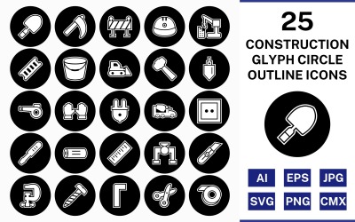 25 Jeu d&amp;#39;icônes inversé de cercle de contour de glyphe de construction