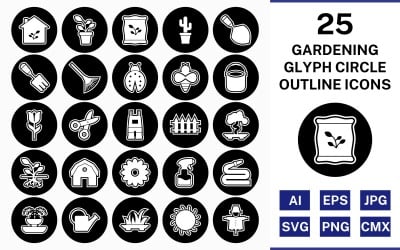 25 Jeu d&amp;#39;icônes inversé de cercle de contour de glyphe de jardinage