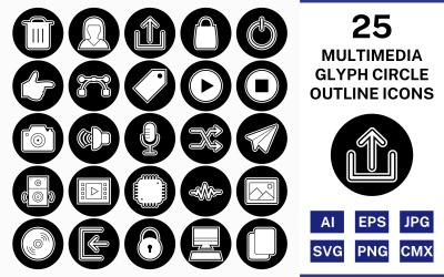 25 Jeu d&amp;#39;icônes inversé de cercle de contour de glyphe multimédia