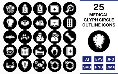 25 Medical Glyph Outline Square Corner Icon Set