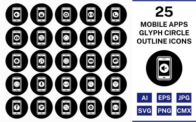 25 mobilních aplikací Sada glyfů obrysu kruhu obrácená sada ikon