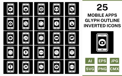 25 mobilních aplikací Sada ikon obrysu glyfů