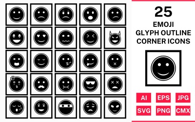 Набор иконок 25 Emoji Glyph Outline Square Corner Icon Set