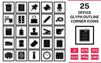 25 Office Glyph Outline Quadratisches Eckensymbolset
