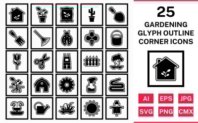 Sada 25 zahradních glyfů obrysu čtvercového rohu