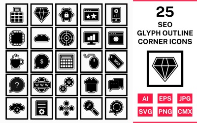 25 Seo Glif Outline Square Corner Icon Set