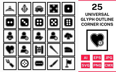25 set di icone angolo quadrato contorno glifo universale