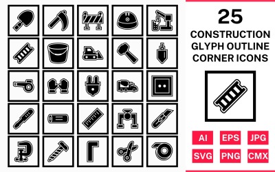 25 Set di icone di angolo quadrato contorno glifo costruzione