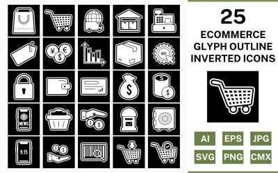 25 Set di icone invertite del contorno del glifo e-commerce
