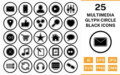 25 set di icone nere contorno glifo cerchio multimediale