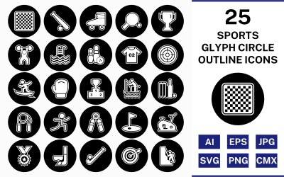 25 Sport och spel Glyph Outline Circle Inverterad Ikonuppsättning