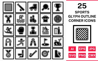 25 Sport och spel Glyph Outline Square Corner Icon Set