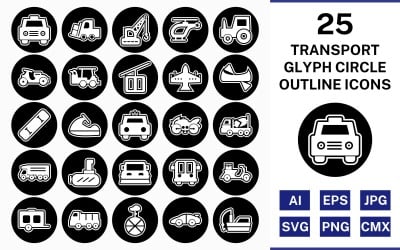 25 Transport Glyph Outline Square Corner Icon Set