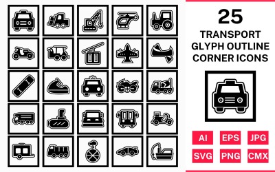 25 Transport Glyph Outline Square Corner Icon Set