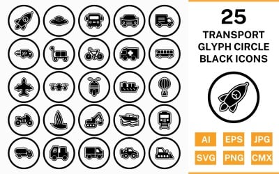 25 transportcirkel Glyph Outline Black Icon Set