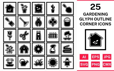 25 tuinieren Glyph Outline Square Corner Icon Set