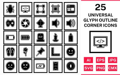 25 univerzális karakterjel körvonal négyzet sarok ikon készlet