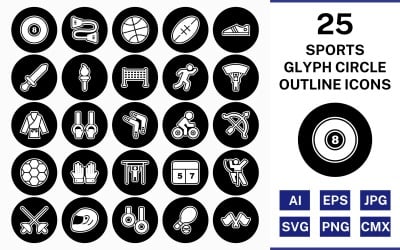 25 видов спорта и игр Glyph Outline Circle перевернутый набор иконок