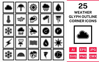 25 Weather Glyph Outline Square Corner Icon Set