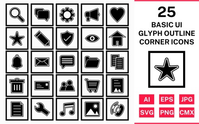 25 základních ui glyfů obrys čtvercového rohu sada ikon