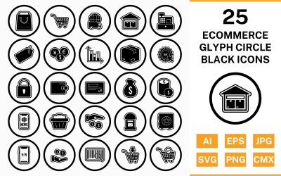 25 e-commerce cirkel Glyph overzicht zwarte pictogramserie