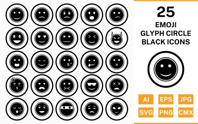 25 Emoji Daire Glif Anahat Siyah Simge Seti
