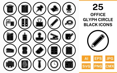 25 Office Circle Glyph Outline Schwarzes Icon-Set