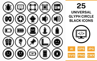 25 Univerzális kör karakterjel körvonal fekete ikon készlet