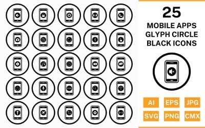 25移动应用程序圈字形轮廓黑色图标集