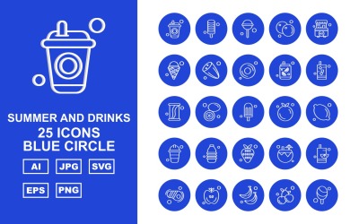 25 Premium sommar och drycker Blue Circle Pack Ikonuppsättning