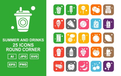25 Premium sommar och drycker runda hörnpaket Ikonuppsättning