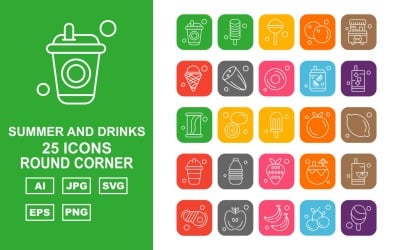 25 Premium Summer And Drinks Round Corner Pack Icon Set