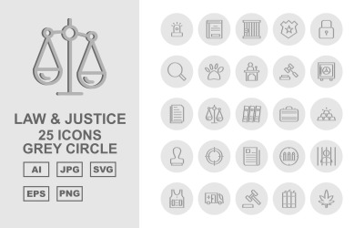 25 Premium Law und Gerechtigkeit Gray Circle Pack Icon Set