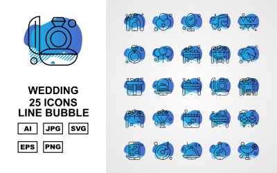 25 Premium Wedding Line Bubble Pack Icon Set