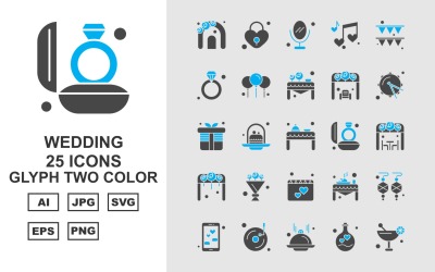 25 set di icone premium per glifi da matrimonio a due colori