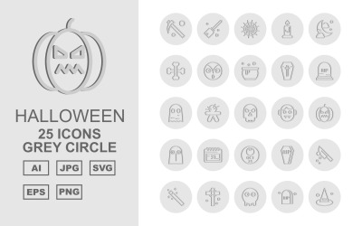 Conjunto de ícones de pacote de círculo cinza 25 premium para Halloween