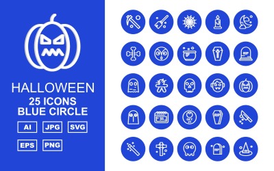 25 Premium Halloween Blue Circle Pack Ikonuppsättning