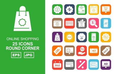25 Premium Online Shopping Round Corner Pack Ikonuppsättning